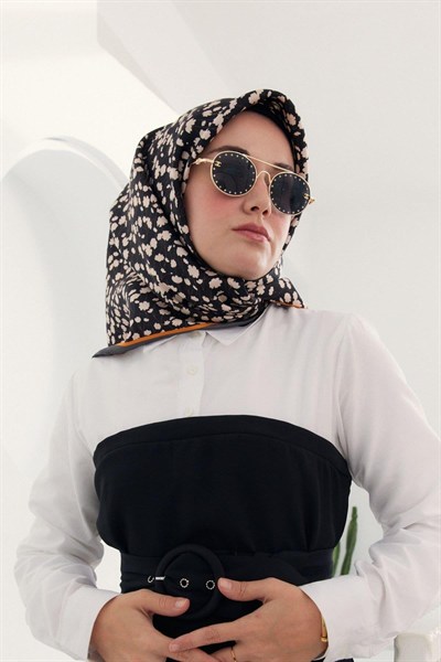 Silk Home Twill İpek Eşarp - 11412-28 Siyah Turuncu