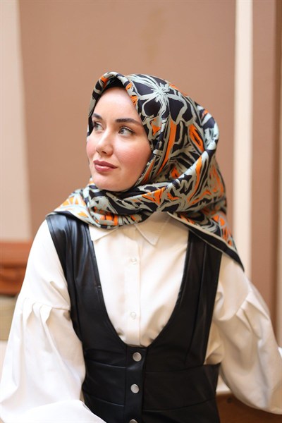 Silk Home Twill İpek Eşarp - 11419-05 Siyah Turuncu