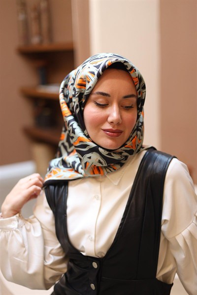 Silk Home Twill İpek Eşarp - 11419-05 Siyah Turuncu