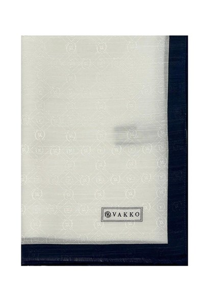 Vakko Pamuk İpek Şal - Şeritli Hologram - Beyaz Lacivert