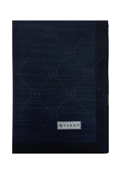 Vakko Pamuk İpek Şal - Şeritli Monogram - Lacivert