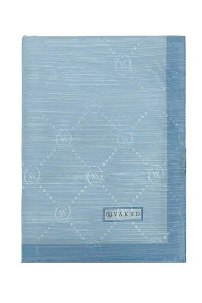 Vakko Pamuk İpek Şal - Şeritli Monogram - Bebe Mavi