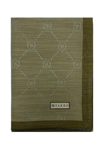 Vakko Pamuk İpek Şal - Şeritli Monogram - Haki