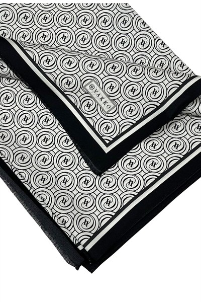 Vakko Twill İpek Şal - Yeni Monogram - Beyaz Siyah