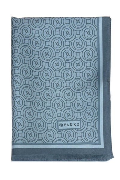 Vakko Twill İpek Şal - Yeni Monogram - Kot Mavi