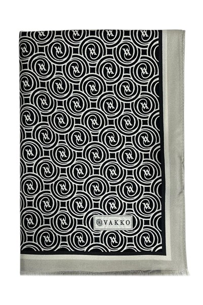 Vakko Twill İpek Şal - Helezon Monogram - Siyah Ekru