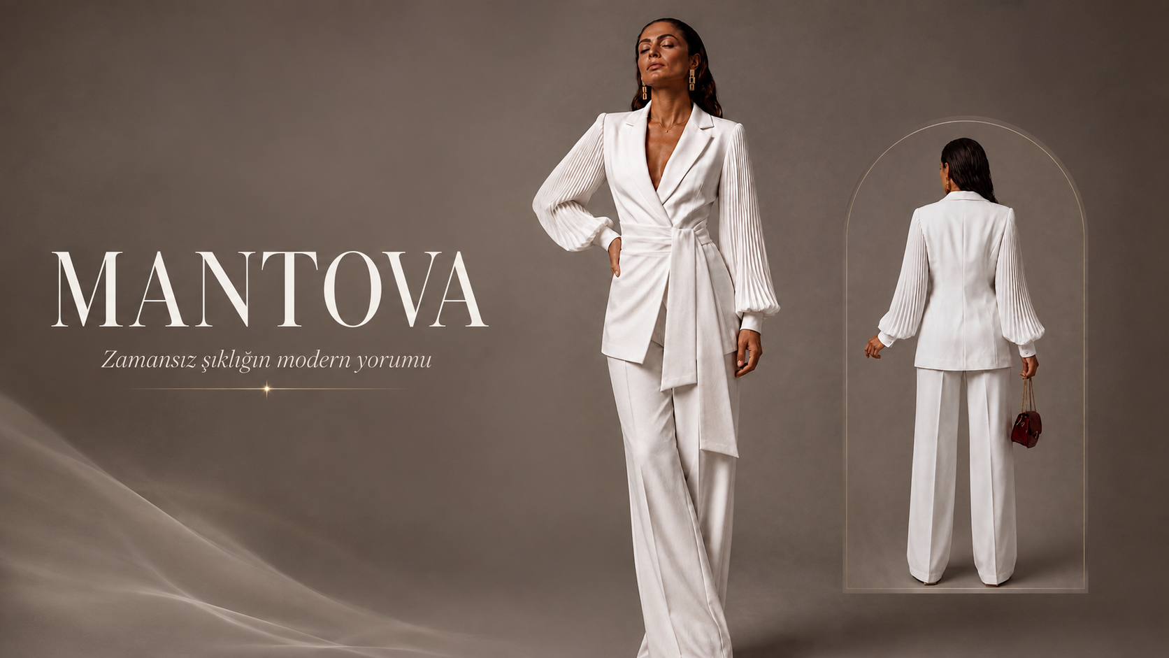 Zarafetin Modern Yorumu: Mantova Şifon Kollu Drape Detaylı Beyaz Takım Elbise