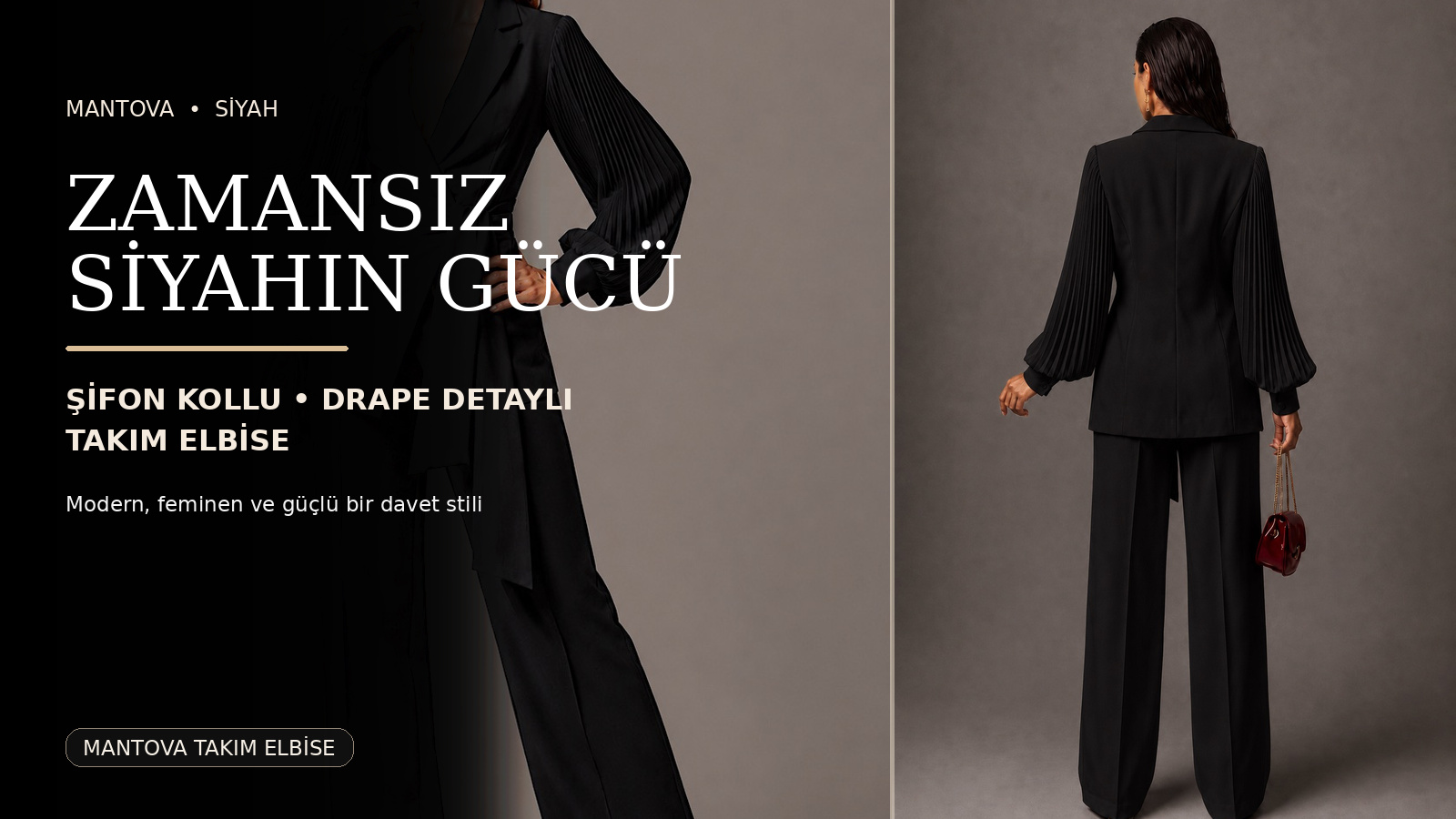 Mantova Takım Elbise: Siyahın Zarafeti Şifon ve Drape Detaylarla Buluşuyor