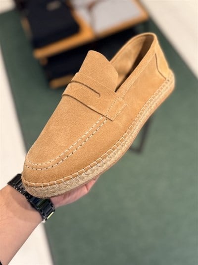 Bej Hakiki Deri Süet Loafer Ayakkabı Espadril