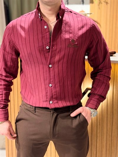 Çizgili Relax Kalıp Gömlek Bordo