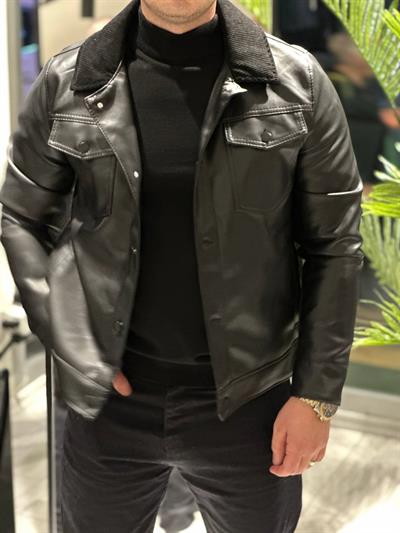 DERİ İÇİ KÜRK DETAY CEKET SİYAH