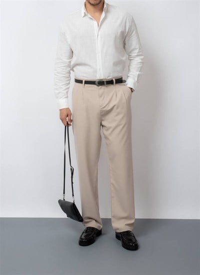 Fabric Pileli Baggy Kumaş Pantolon Bej