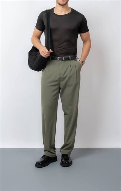 Fabric Pileli Baggy Kumaş Pantolon Haki