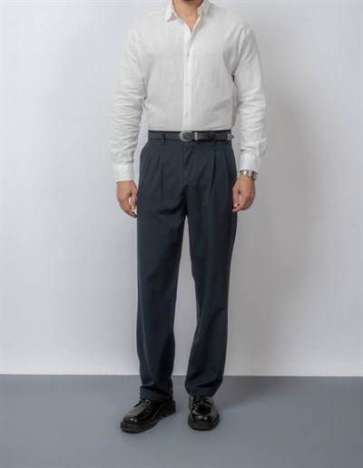 Fabric Pileli Baggy Kumaş Pantolon Lacivert