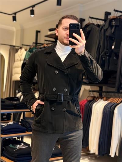 Kemerli Teknik Trençkot Siyah