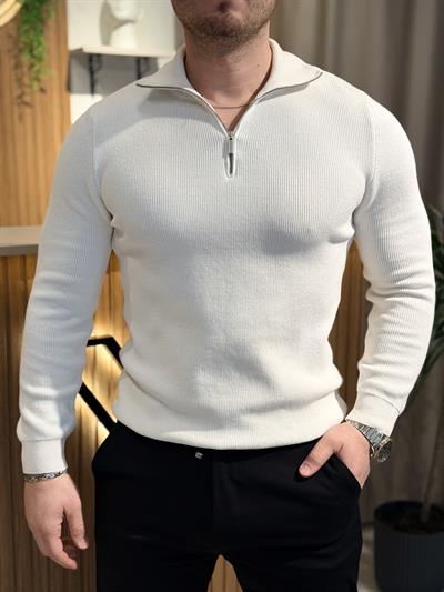 Yarım Fermuar Triko Beyaz