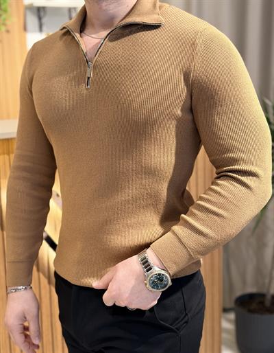 Yarım Fermuar Triko Camel