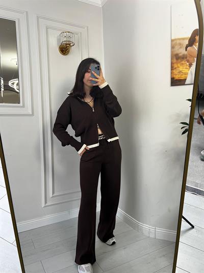 Çift Fermuarlı Garnili Alt Üst Triko Takım Kahve