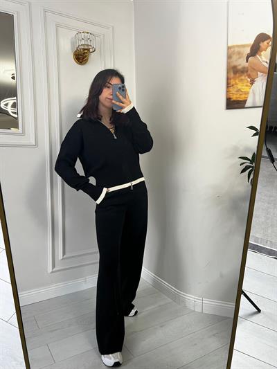 Çift Fermuarlı Garnili Alt Üst Triko Takım Siyah