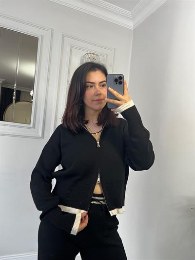 Çift Fermuarlı Garnili Alt Üst Triko Takım Siyah