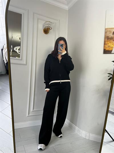 Çift Fermuarlı Garnili Alt Üst Triko Takım Siyah