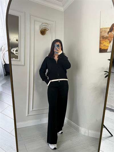 Çift Fermuarlı Garnili Alt Üst Triko Takım Siyah