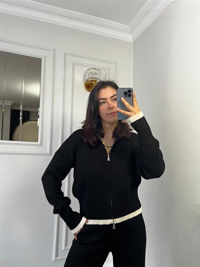 Çift Fermuarlı Garnili Alt Üst Triko Takım Siyah