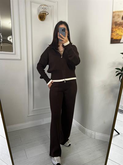 Çift Fermuarlı Garnili Alt Üst Triko Takım Kahve