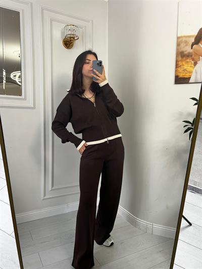 Çift Fermuarlı Garnili Alt Üst Triko Takım Kahve