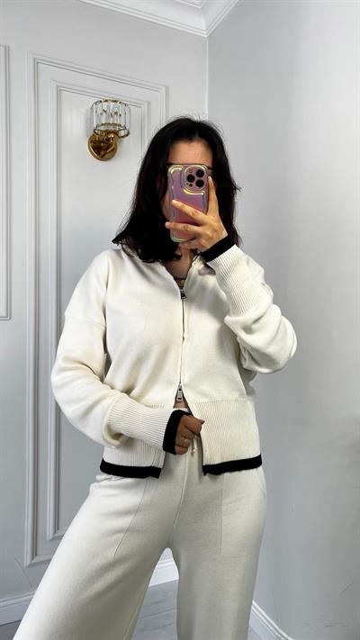 Çift Fermuarlı Garnili Alt Üst Triko Takım Ekru