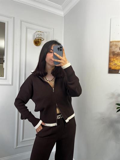 Çift Fermuarlı Garnili Alt Üst Triko Takım Kahve