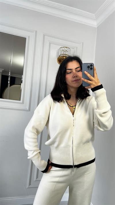 Çift Fermuarlı Garnili Alt Üst Triko Takım Ekru