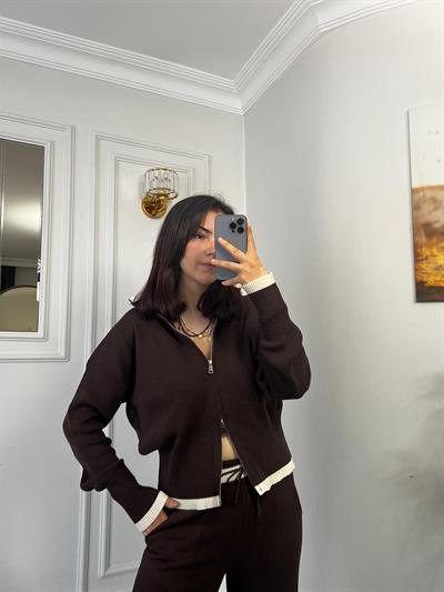 Çift Fermuarlı Garnili Alt Üst Triko Takım Kahve