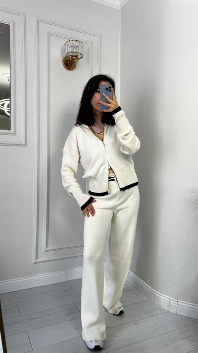 Çift Fermuarlı Garnili Alt Üst Triko Takım Ekru