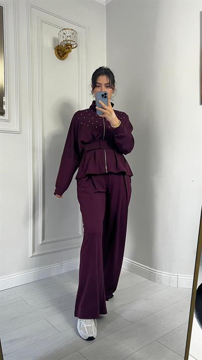 Dik Yaka Fermuarlı Taşlı Kemerli Modal Kumaş Bordo