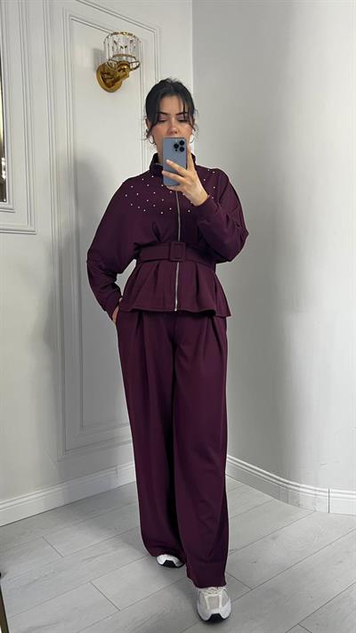 Dik Yaka Fermuarlı Taşlı Kemerli Modal Kumaş Bordo