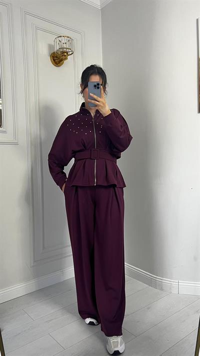 Dik Yaka Fermuarlı Taşlı Kemerli Modal Kumaş Bordo
