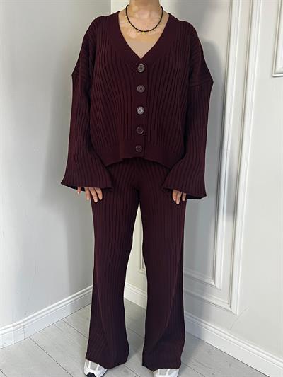 Düğmeli Hırka Alt Üst Triko Takım Bordo
