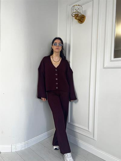 Düğmeli Hırka Alt Üst Triko Takım Bordo