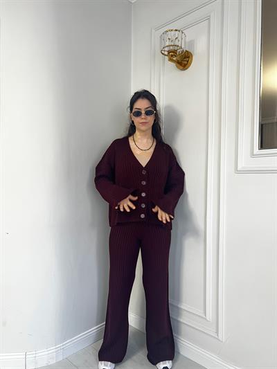 Düğmeli Hırka Alt Üst Triko Takım Bordo