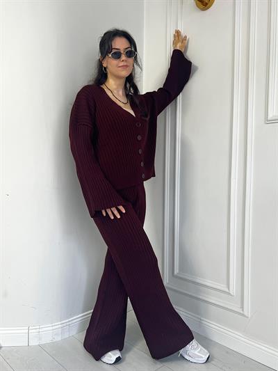 Düğmeli Hırka Alt Üst Triko Takım Bordo