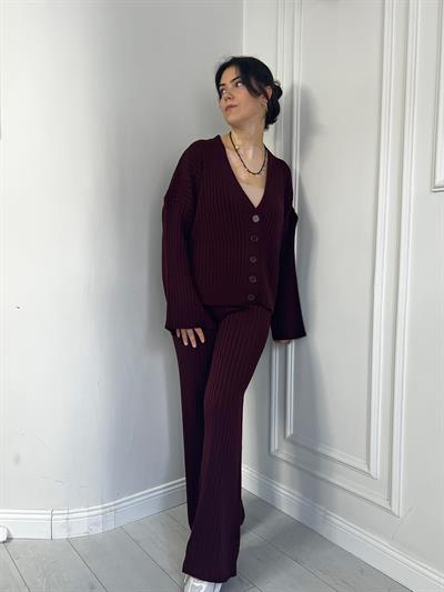 Düğmeli Hırka Alt Üst Triko Takım Bordo