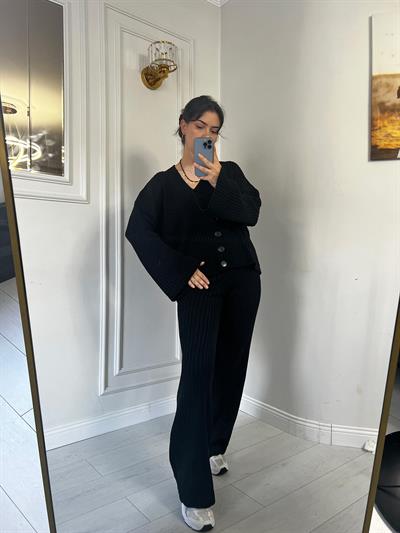 Düğmeli Hırka Alt Üst Triko Takım Siyah