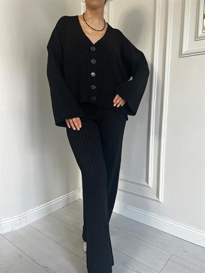 Düğmeli Hırka Alt Üst Triko Takım Siyah