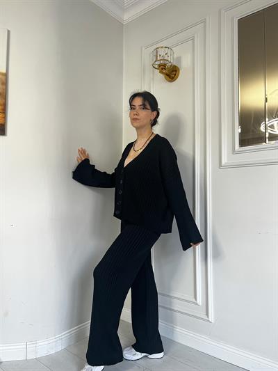 Düğmeli Hırka Alt Üst Triko Takım Siyah