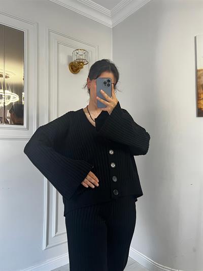 Düğmeli Hırka Alt Üst Triko Takım Siyah