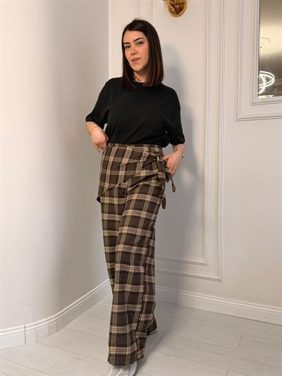 EKOSE DESEN BAĞLAMA DETAYLI PANTOLON BEJ