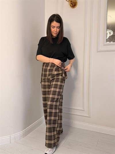 EKOSE DESEN BAĞLAMA DETAYLI PANTOLON BEJ