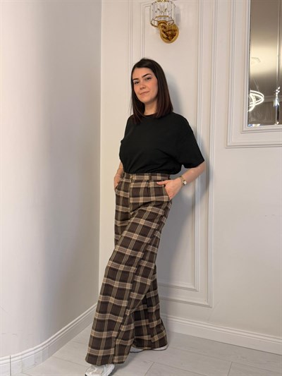 EKOSE DESEN BAĞLAMA DETAYLI PANTOLON BEJ