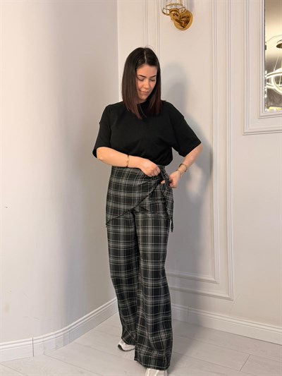 EKOSE DESEN BAĞLAMA DETAYLI PANTOLON SİYAH